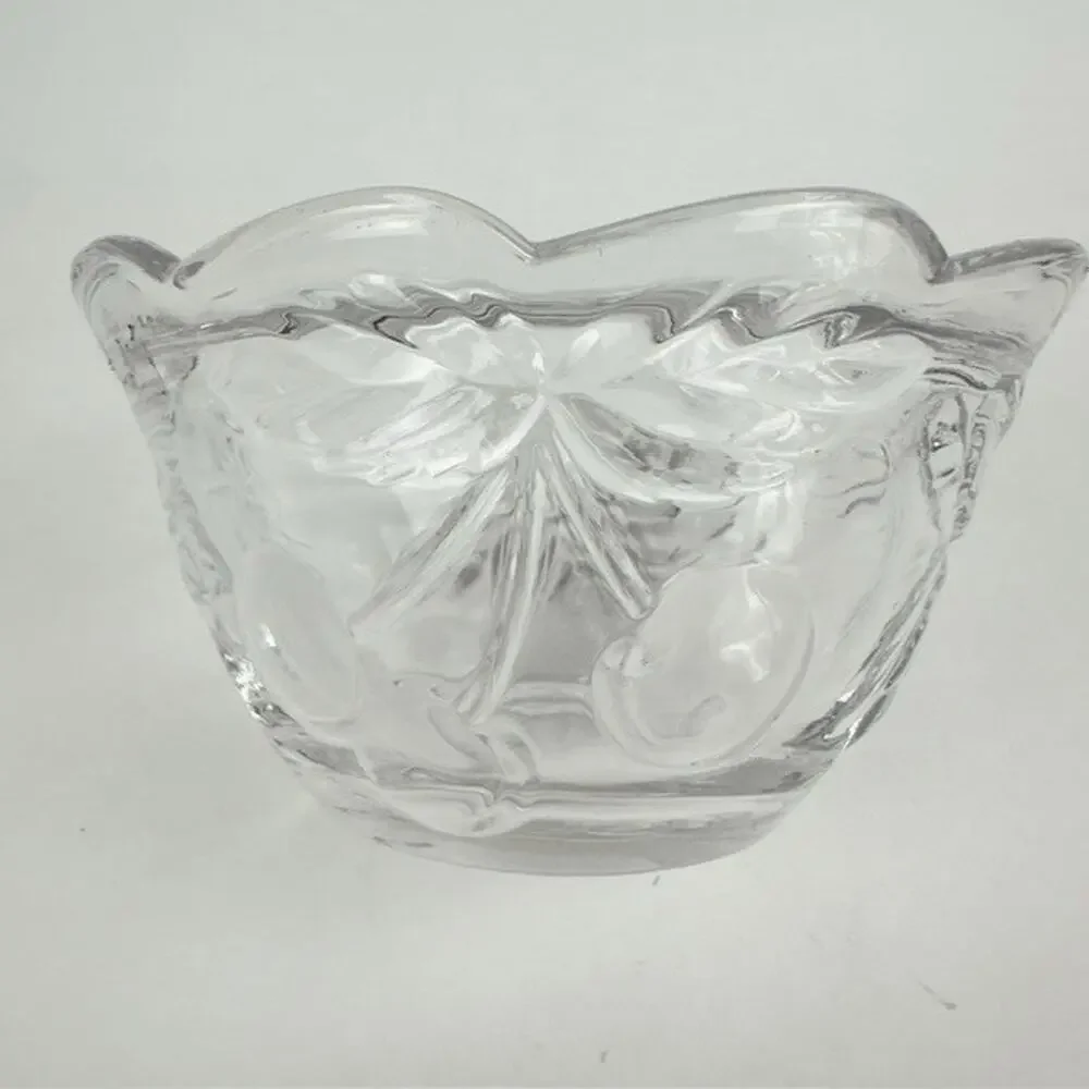 Vintage Clear Glass Candy Dish and Lid w/ Grape Vine /Cherries/Flowers Motif